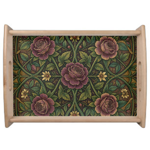 Ornate Purple Rose William Morris Style Floral Serving Tray