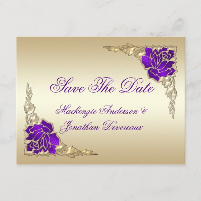 Ornate Purple Roses Gold Leaves Save The Date Announcement Postcard (Front)