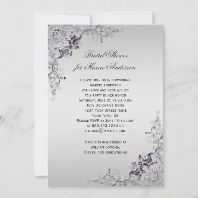Ornate Purple Silver Floral Swirls Bridal Shower Invitation (Front)