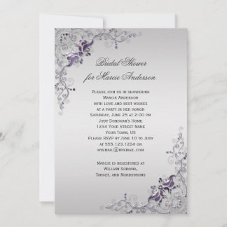 Ornate Purple Silver Floral Swirls Bridal Shower Invitation