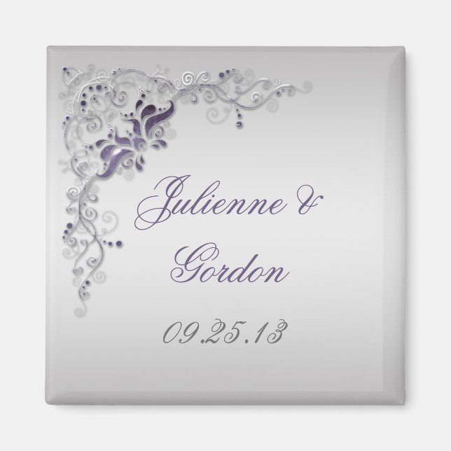 Ornate Purple Silver Floral Swirls Favor Magnet (Front)