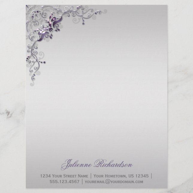 Ornate Purple Silver Floral Swirls Letterhead (Front)
