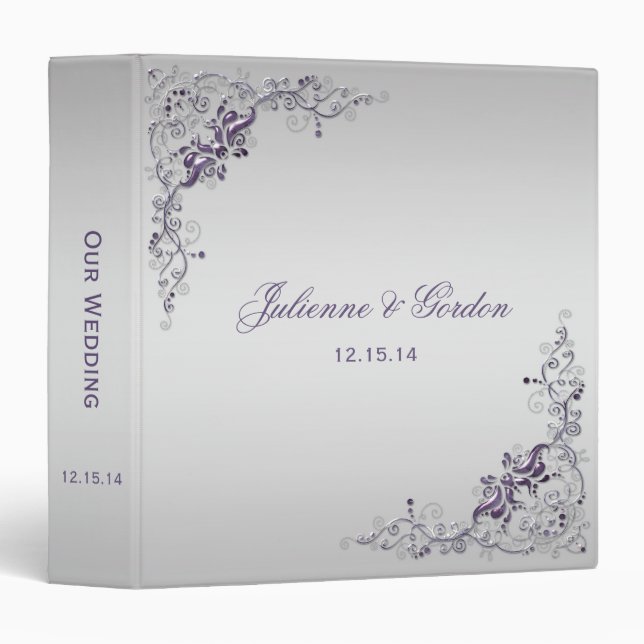 Ornate Purple Silver Floral Swirls Photo Album 3 Ring Binder (Front/Spine)