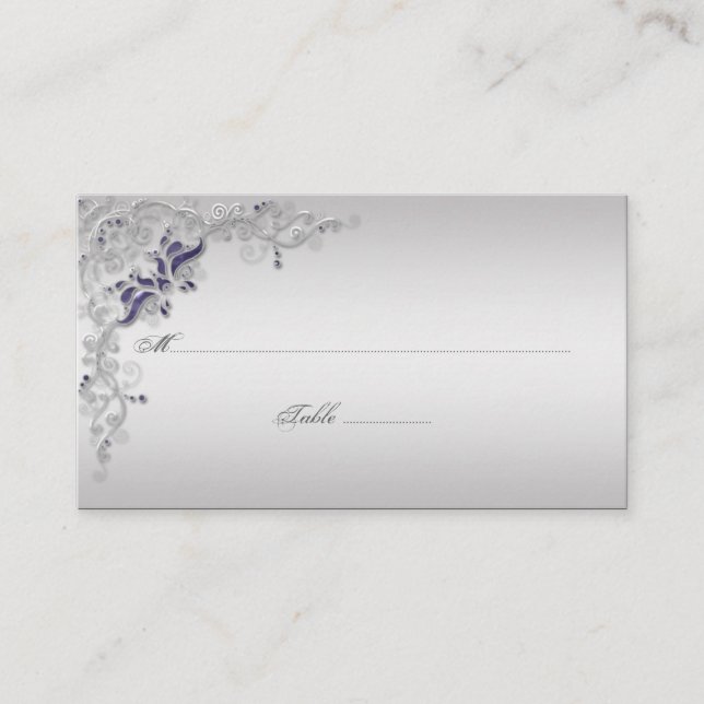 Ornate Purple Silver Floral Swirls Place Cards (Front)