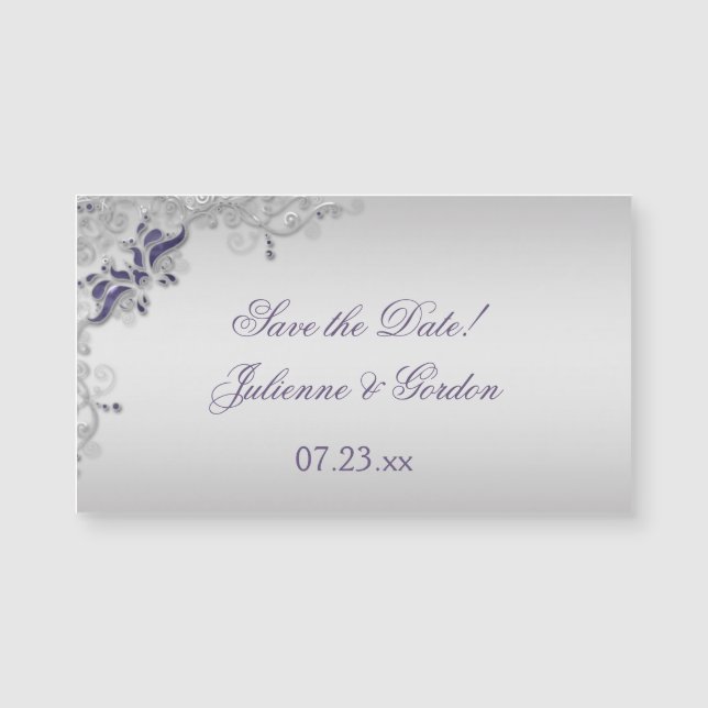 Ornate Purple Silver Floral Swirls Save The Date (Front)