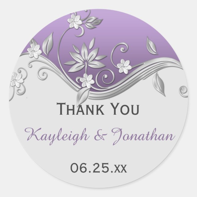 Ornate Purple Silver Floral Swirls Wedding Favor Classic Round Sticker (Front)