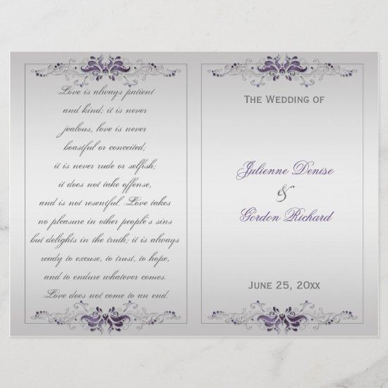 Ornate Purple Silver Floral Swirls Wedding Program