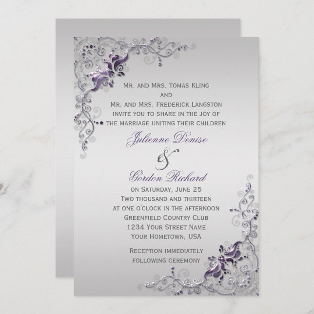 Ornate Purple Silver Floral Swirls Weddings Invitation (Front/Back)