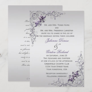 Ornate Purple Silver Floral Swirls Weddings Invitation