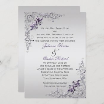 Ornate Purple Silver Floral Swirls Weddings Invitation by dmboyce at Zazzle