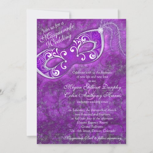 Ornate Purple Silver Masquerade Ball Wedding Invitation