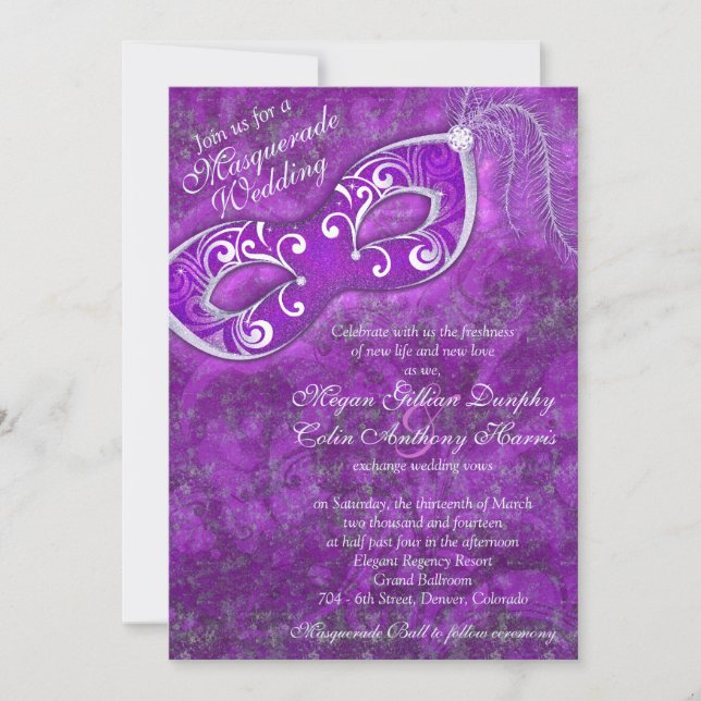 Ornate Purple Silver Masquerade Ball Wedding Invitation (Front)