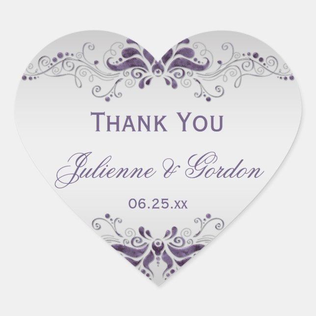 Ornate Purple Silver Swirls Heart Wedding Favor Sticker (Front)