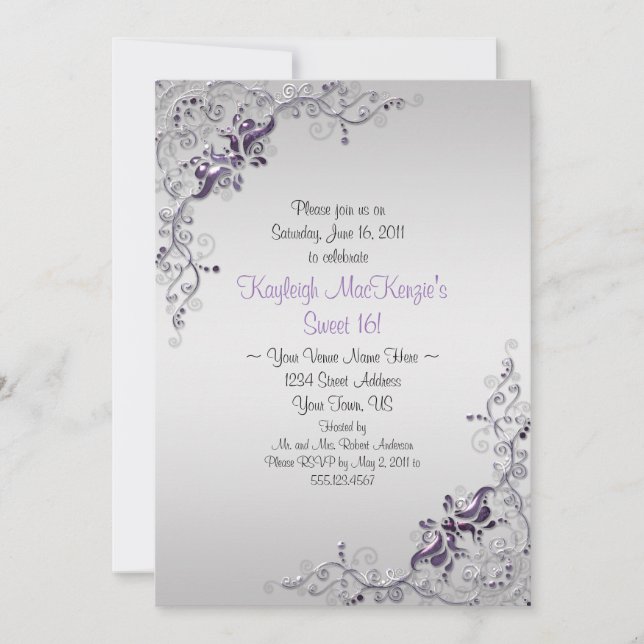Ornate Purple Silver Swirls on Silver Sweet 16 Invitation (Front)