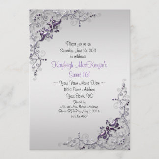 Ornate Purple Silver Swirls on Silver Sweet 16 Invitation