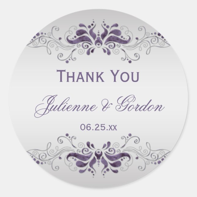 Ornate Purple Silver Swirls Round Wedding Favor Classic Round Sticker (Front)