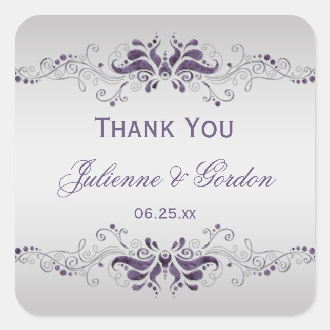 Ornate Purple Silver Swirls Square Wedding Favor Sticker (Front)