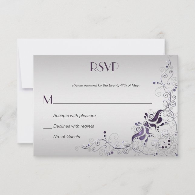 Ornate Purple Swirls on Silver RSVP (Front)