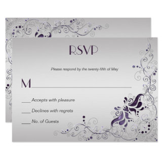 Ornate Purple Swirls on Silver RSVP Card