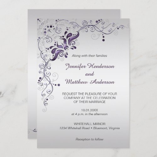 Ornate Purple Swirls on Silver Wedding Invitation