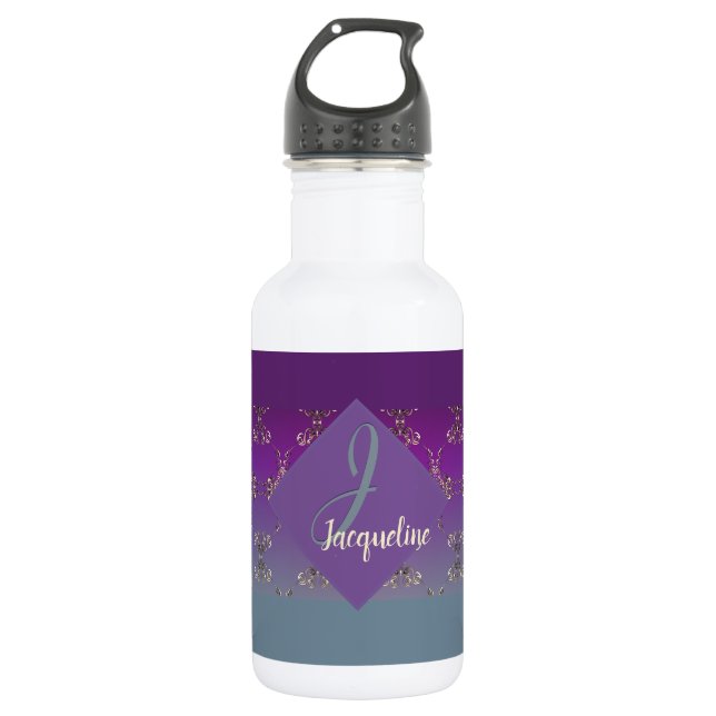Ornate Purple Teal Monogram  Stainless Steel Water Bottle (Front)