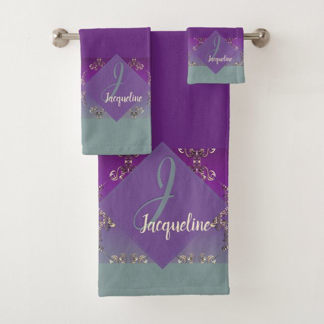 Ornate Purple Teal Monogram Towel (Insitu)