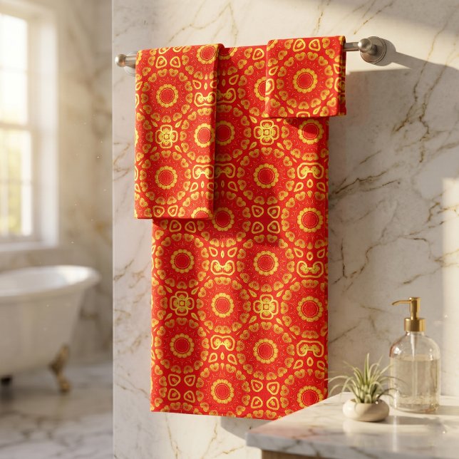 Ornate Red and Faux Gold Bohemian Mandala Pattern Bath Towel Set (Creator Uploaded)