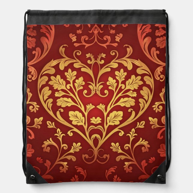 ORNATE RED AND GOLD HEARTS FLOWERS FLOURISHES DRAWSTRING BAG (Front)