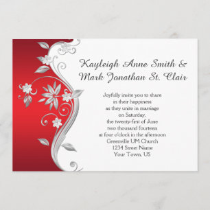 Ornate Red and Silver Floral Swirls Wedding Invitation