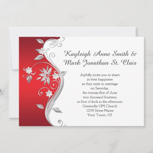 Ornate Red and Silver Floral Swirls Wedding Invitation