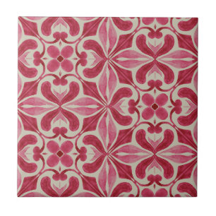 Ornate Red Azulejo Pattern with Floral Motifs  Ceramic Tile