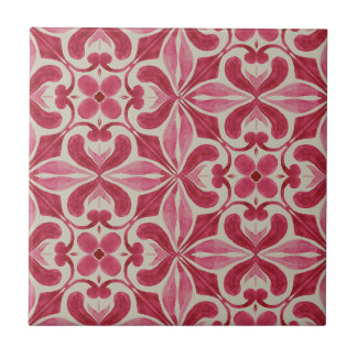 Ornate Red Azulejo Pattern with Floral Motifs  Ceramic Tile