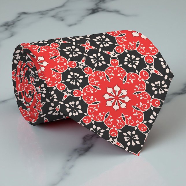 Ornate Red Black White Mosaic Mandala Floral Neck Tie (Creator Uploaded)