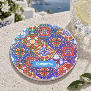 Ornate Red Blue Purple Mexican Talavera Tiles Coaster