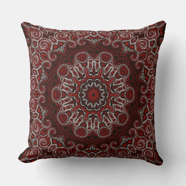 Ornate Red Bohemian Mandala Throw Pillow (Front)