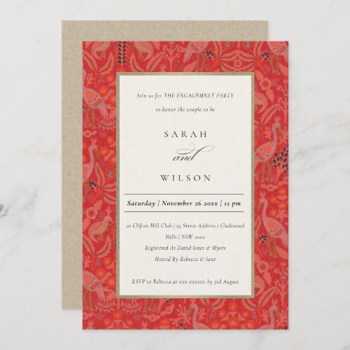 Ornate Red Classy Flora Peacock Pattern Engagement Invitation