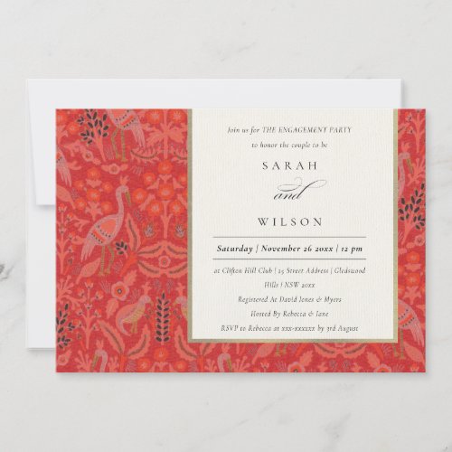 Ornate Red Classy Flora Peacock Pattern Engagement Invitation