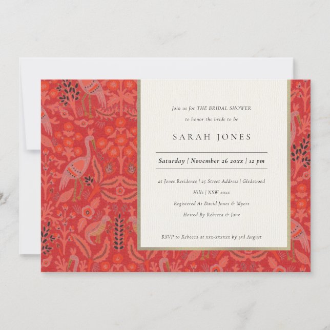 Ornate Red Classy Floral Peacock Bridal Shower Invitation (Front)