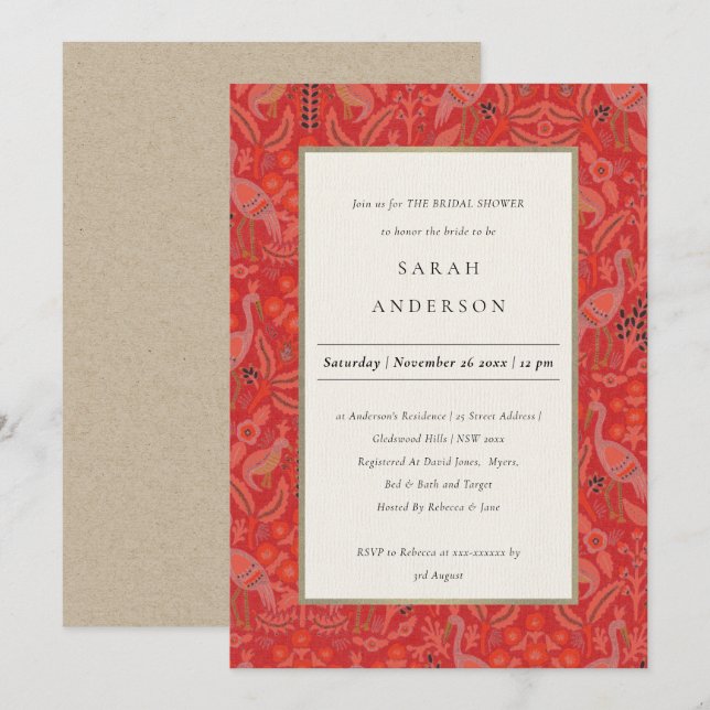 Ornate Red Classy Floral Peacock Bridal Shower Invitation (Front/Back)