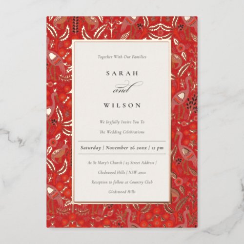 Ornate Red Classy Floral Peacock Gold Wedding Foil Invitation