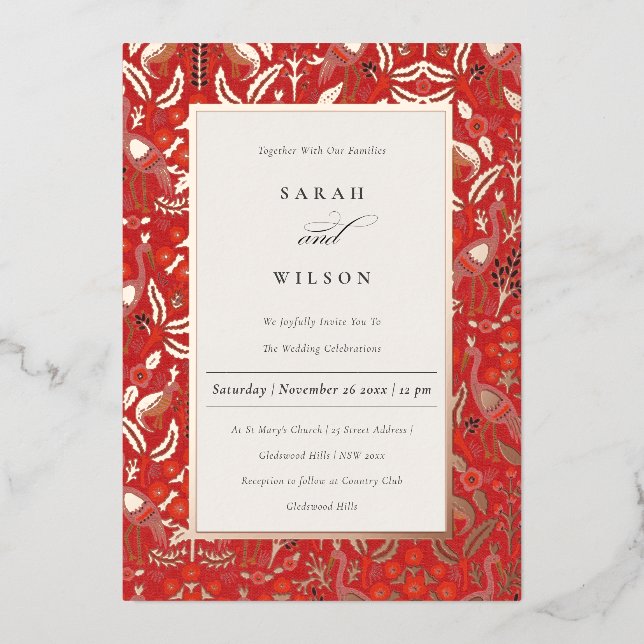 Ornate Red Classy Floral Peacock Gold Wedding Foil Invitation (Front)