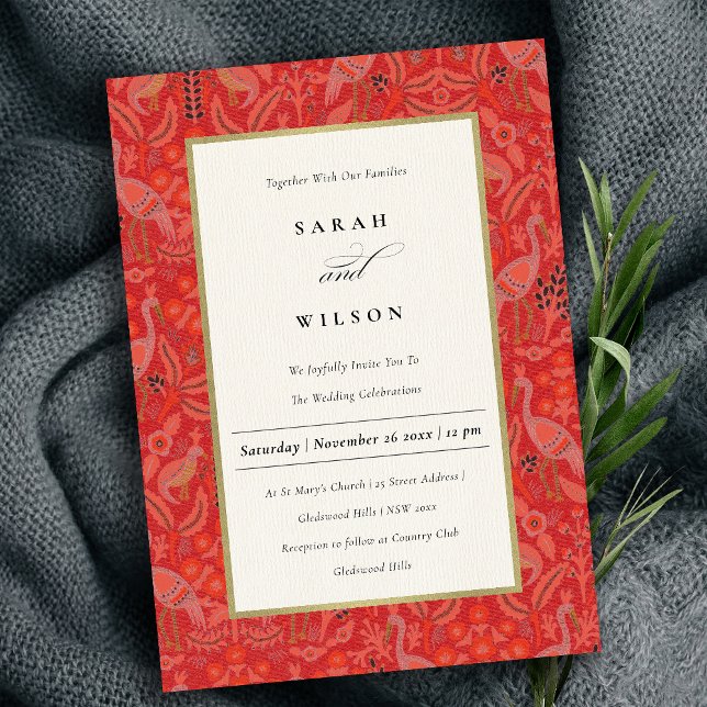 Ornate Red Classy Floral Peacock Pattern Wedding Invitation (Creator Uploaded)