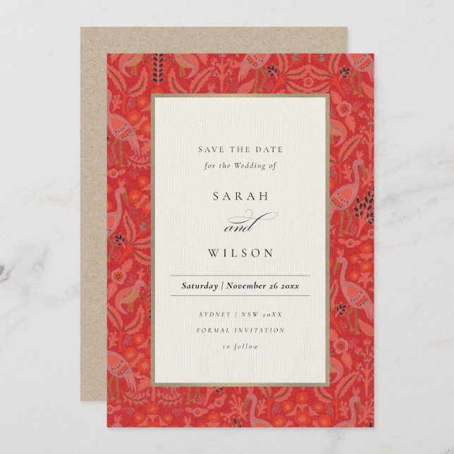 Ornate Red Classy Floral Peacock Save The Date Invitation (Front/Back)
