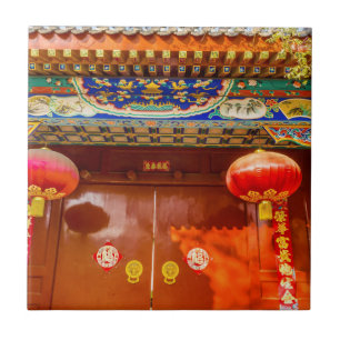 Ornate Red Door, Lanterns New Year Ceramic Tile