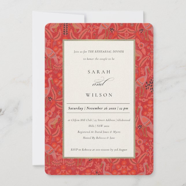 Ornate Red Flora Peacock Rehearsal Dinner Invite (Front)