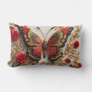 🦋 Ornate Red Gold Butterfly Elegant Floral Design Lumbar Pillow