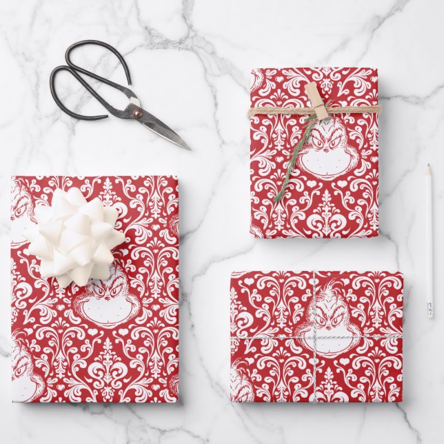 Ornate Red Grinch Pattern Wrapping Paper Sheets (Front)