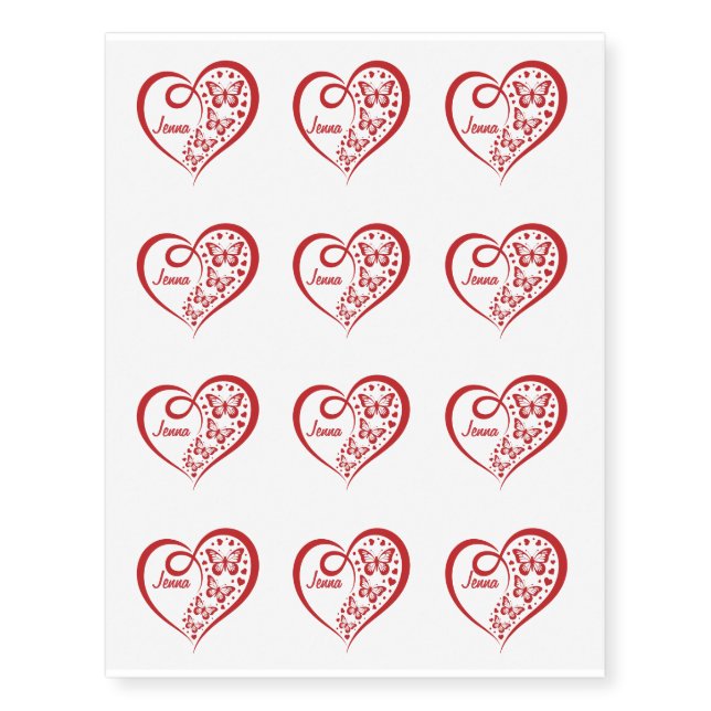 Ornate Red Heart & Butterflies With Name Temporary Tattoos (Front)