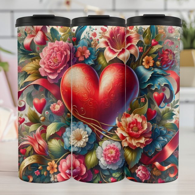 Ornate Red Heart Floral Thermal Tumbler (Creator Uploaded)