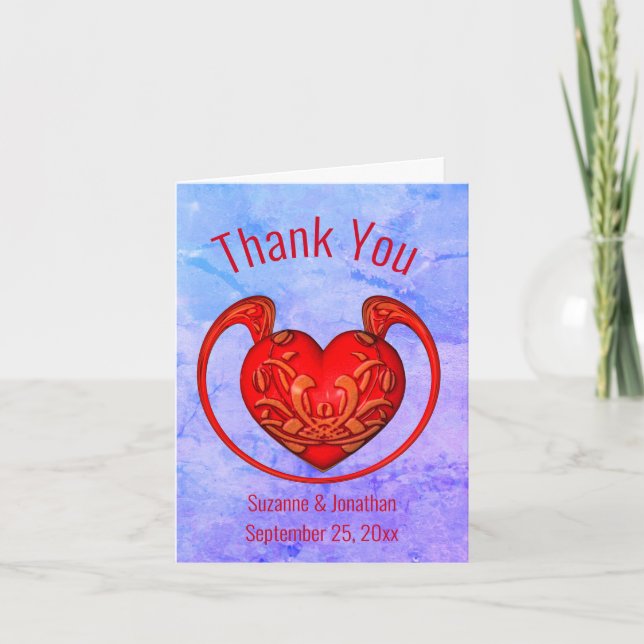 Ornate Red Heart Personalized Wedding Thank You Card (Front)